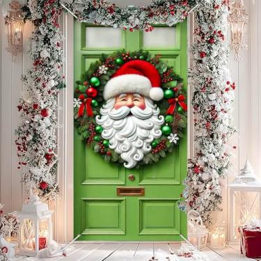 Imagem de BlissYard Capa de porta de Natal, tema de feriado, decorações internas ao ar livre com rosto de Papai Noel e guirlanda verde vermelha mural de porta festiva 188 x 89 cm decoração de Natal