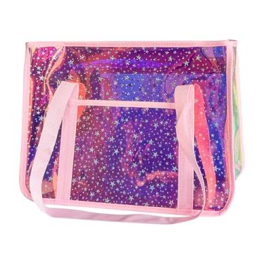 Imagem de TotePrint Bolsa de praia holográfica com estampa de estrelas - Bolsa feminina iridescente de PVC impermeável aprovada para estádios, Rosa vermelha + estrela, Large