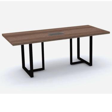 Imagem de Mesa De Reunião Com Caixa De Tomada Retangular 200 X 90 Cm Pé Tubular Pe40 Em Mdp Walnut Base Preta