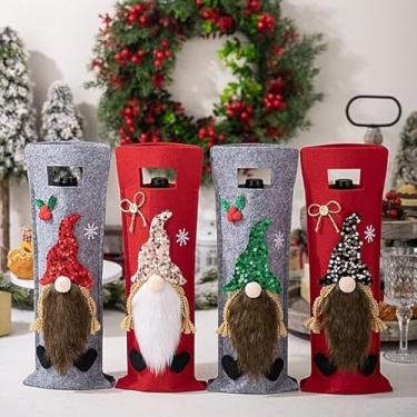 Imagem de Bolsa de garrafa de vinho Rudolph de Natal, capa de garrafa de férias festiva, decoração de festa, gnomo fofo, manga de vinho, enfeite de mesa de Natal, acessório de celebração doméstica (cor 4)