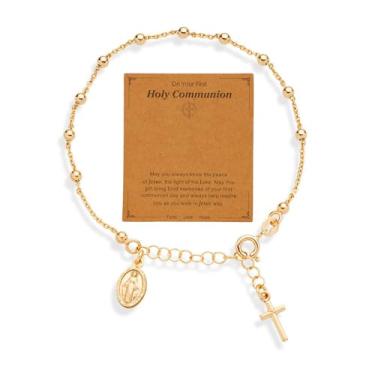 Imagem de Warmhope Pulseira de corrente com pingente de cruz de rosário de ouro 14K ajustável, joia inspirada na fé, para mulheres, empoderamento, aniversário, motivação diária, lembranças de presente