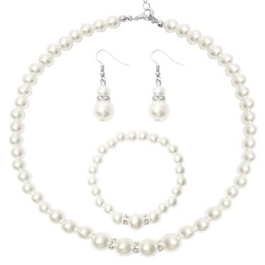 Imagem de Gallipower Conjunto de colar e brinco de pérolas, conjunto de pérolas brancas para mulheres, colares de pérolas falsas clássicos da moda para mulheres, noivas, casamento, pérolas, kit de colar