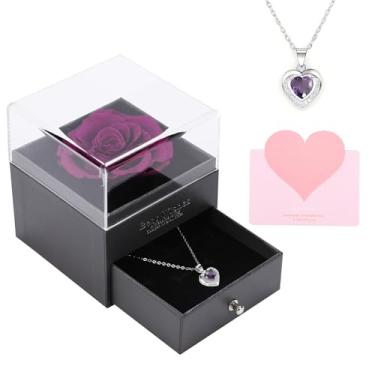 Imagem de AGQWR Rosa real preservada com colar - presentes de aniversário para esposa, filha, mãe namorada no Natal, Dia dos Namorados, Dia das Mães, aniversários (roxo)