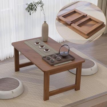 Imagem de OETPJM Mesa de chão japonesa, mesa de centro dobrável de bambu, mesa de chá de tatame japonês portátil de madeira maciça, sem montagem, mesa de jantar japonesa para sentar no chão, fácil armazenamento
