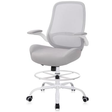 Imagem de HYLONE Cadeira de desenho, cadeira de escritório alta com apoios de braços flip-up, cadeira ergonômica para computador com suporte lombar ajustável para apoio para os pés, anel de malha para mesa