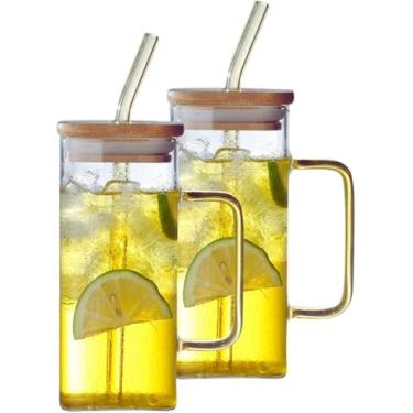 Imagem de Conjunto de Copos de Vidro com Tampa de Bambu e Canudo, 3 Peças, Alças Douradas, Design Moderno para Bebidas Geladas