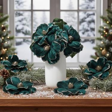 Imagem de Craftsatin 18 peças de flores de magnólia borgonha de veludo com glitter cabeças grandes flores artificiais de magnólia para decoração de casamento (verde escuro)