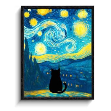 Imagem de CYFDYVT Arte de parede engraçada de gato preto, 20 x 25 cm Van Gogh "Noite Estrelada" Inspirada Texturizada, Silhueta de Gato Olhando para o Céu Noturno, Decoração de Parede Sonhadora para Amantes de