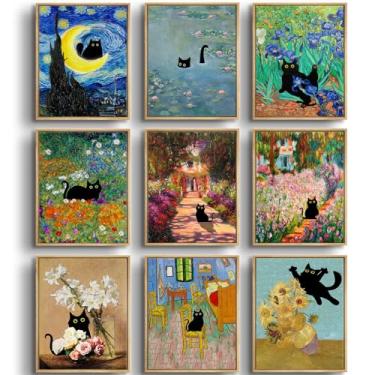 Imagem de 9 peças de arte de parede de gato preto engraçado gatos em pinturas famosas pôsteres galeria vintage decoração de parede imagens estéticas animais florais em tela eclética fofa e elegante decoração de