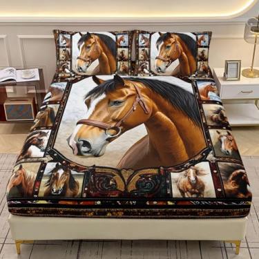 Imagem de AILONEN Jogo de cama casal com estampa de cavalo marrom e 2 fronhas - Jogo de lençol com tema de animal selvagem com 3 peças para crianças, adolescentes e meninas