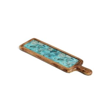 Imagem de Bandeja e travessa de madeira de manga Sova com estampa de pássaro, azul marinho, 45 x 12 cm