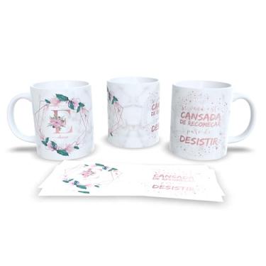 Imagem de Caneca Decorativa com Flores, Cerâmica Branca, 325ml, Design Floral Rosa e Verde, Frase Motivacional em Português (e)