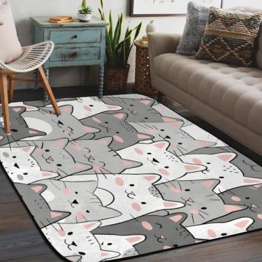 Imagem de Tapete de área para sala de estar, lavável à máquina, gato, fofo, cinza, branco, antiderrapante, tapete macio, para sala de estar, quarto, sala de jantar, berçário, cozinha, decoração de casa