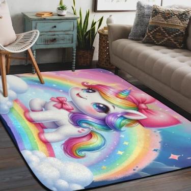 Imagem de Tapete de área para sala de estar, lavável à máquina, unicórnios coloridos brilhantes, antiderrapante, tapete macio, para sala de estar, quarto, sala de jantar, berçário, cozinha, decoração de casa