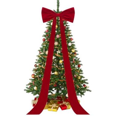 Imagem de Arcos de veludo vermelho extragrande, topo de árvore de Natal, 50 x 188 cm, laços grandes com serpentinas longas, lazos para arbol de Navidad para decoração de quarto, parede, casa, Natal, Natal