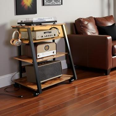 Imagem de Prateleira de console, suporte de mídia AV de 4 níveis com 2 ganchos, gabinete AV com tiras de luz LED, prateleira para console de jogos, estável e espaçosa, fácil de montar