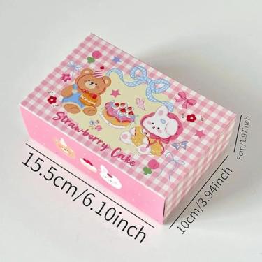 Imagem de Caixa de bolo de morango rosa com estampa de urso e coelho, adorável recipiente de sobremesa para presentes de panificação, embalagem de confeitaria para festas e presentes