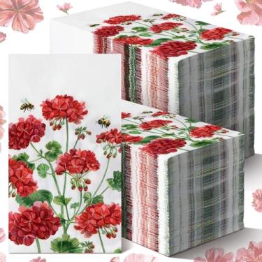 Imagem de Epakh Guardanapos de convidados de flores de gerânio a granel 2 camadas de guardanapos de papel descartáveis florais vermelhos primavera verão abelha botânica toalha de jantar aquarela toalhas de mão