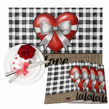Imagem de Jogo americano de dia dos namorados, conjunto de 6 tapetes de mesa com laço e coração de amor, preto, buffalo, xadrez, linho, para jantar, cozinha, férias, jantar, festa de casamento, aniversário