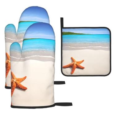Imagem de Conjunto de cozinha essencial de 3 peças com estampa de praia, luvas resistentes ao calor e alça de tampa, proteção para churrasco no forno, design de armazenamento suspenso.
