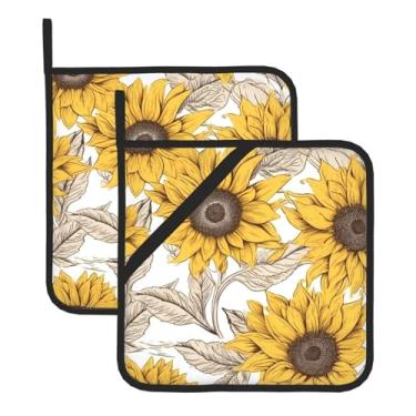 Imagem de Conjunto de tapetes quadrados resistentes ao calor com estampa de girassóis, 2 peças antiderrapantes com alças para pendurar, para balcão de cozinha e proteção de mesa de jantar.