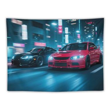 Imagem de HouLaiZhe JDM Tapeçaria de carro Jdm Carro Sup Vs Lancer Corrida Noite Neon Wall Hanging Quarto Decoração de Casa Tapeçarias Estética Piquenique Decoração de Parede Arte de Parede para Dormitório Sala