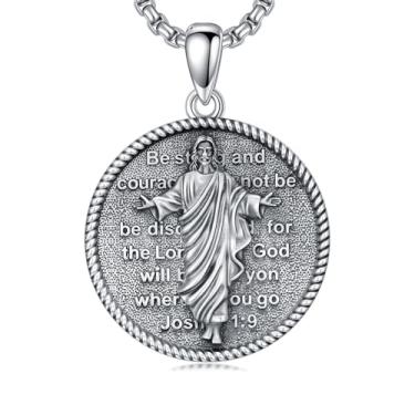 Imagem de Lattd Colar Jesus para homens prata esterlina 925 Joshua 1: 9 Jesus pingente joia cristã, com corrente de aço inoxidável 56 cm + 5 cm
