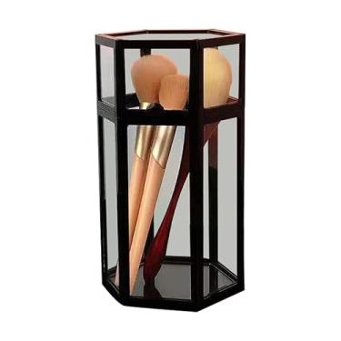 Imagem de Dioche Suporte para Pincel de Maquiagem, Design Em Concha Com Vidro Espesso, Organizador de Grande Capacidade para Pincéis, Caixa de Armazenamento Portátil Feminina (hexágono preto)