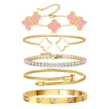 Imagem de Arthur Liu Conjunto de 5 pulseiras empilháveis de flores da sorte, One Size, Aço inoxidável, Zircônia cúbica