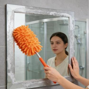 Imagem de 1 pç espanador portátil extensível de microfibra, lavável, com alça telescópica, adequado para limpeza de carros, computadores, condicionadores de ar, televisões, etc. (laranja)