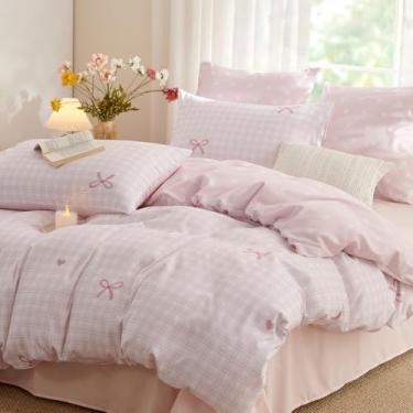 Imagem de Bildenly Conjunto de edredom queen rosa – Conjunto de edredom com laço rosa, tamanho Queen, conjunto de cama com 3 peças, macio e leve (224 cm x 233 cm) para meninas de todas as estações e 2 fronhas