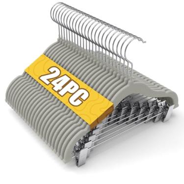 Imagem de Flottian Pacote com 24 cabides de veludo para bebês e crianças, com clipes, antiderrapantes e economizam espaço, para calças, saias, casacos, cinza