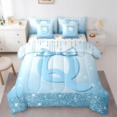 Imagem de Erosebridal Conjunto de edredom queen com laço azul feminino para crianças, adolescentes | Cama com laço com letra inicial em uma bolsa com design moderno e moderno, conjunto de cama de 7 peças, lindo