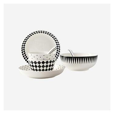 Imagem de Pratos de jantar de cerâmica e utensílios para servir 10 peças conjuntos de pratos de jantar de cozinha, serviço para 2, conjunto de pratos de padrão geométrico, pratos, tigelas e pratos de lanche