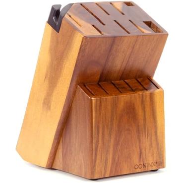 Imagem de Coninx Bloco de facas universal com apontador embutido – Suporte organizador de facas de madeira de acácia com 15 compartimentos para balcão de cozinha – Suporte antiderrapante para chef, pão, facas