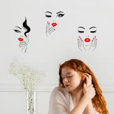 Imagem de SUPERDANT Adesivos de parede de mulher com lábios vermelhos adesivos de parede adesivos de parede adesivos de arte DIY vinil linha decoração feminina decalques decoração de arte para salão de beleza