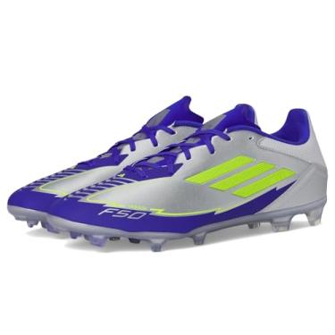 Imagem de adidas Tênis de futebol unissex adulto F50 League Messi Firm Multi Ground, Prata metálico/amarelo solar/azul lúcido, 13.5 Women/12.5 Men