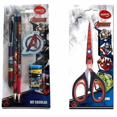 Imagem de Kit Material Escola Lapis Caneta Apontador Tesoura Avengers