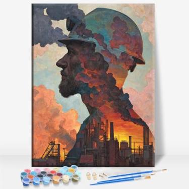 Imagem de HUINORYA Mineiro de carvão dupla exposição azul colarinho heróis tela emoldurada kit de pintura por números bar café caverna sala de casa parede banheiro varanda pátio decoração presente, 40,6 x 30,5