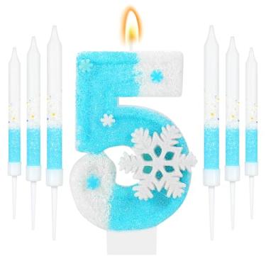 Imagem de IDIJOLI Conjunto de velas de aniversário Blue Frozen, floco de neve, branco, número 5, topos de cupcake, tema de inverno, decorações de festa de 5 anos, comemorações, suprimentos, lembrancinhas