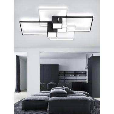 Imagem de Luminária de teto LED moderna, regulável, retangular, preta e branca, com controle remoto, ideal para quarto, cozinha, sala de jantar, escritório e sala de estar (110 cm).