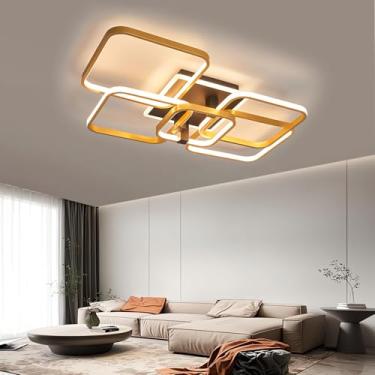 Imagem de Luminária de teto LED 3000K-6500K dimerizável, lustre quadrado em acrílico com controle remoto, iluminação moderna dourada para sala de estar, quarto, sala de jantar e escritório (6 lâmpadas