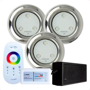 Imagem de Kit 3 Refletores Led 6w RGB Inox S e Comando para Iluminação Piscina -