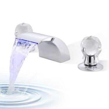 Imagem de Torneira de pia de banheiro cromada, torneiras de cascata LED que mudam de cores com duas alças de cristal torneira misturadora de lavatório 3 furos 20 cm torneira ampla com mangueira de suprimento