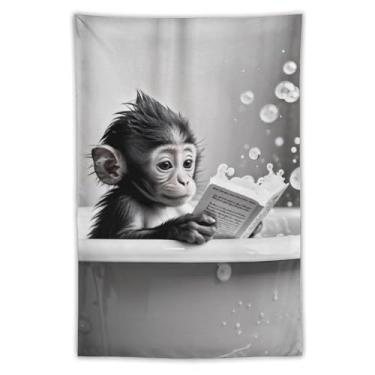 Imagem de Tapeçaria de leitura de macaco bebê na banheira preto branco bolhas cena bonito animal arte pendurar na parede decoração de casa alegre para banheiro, quarto, vibração alegre, tapeçaria 40 x 60