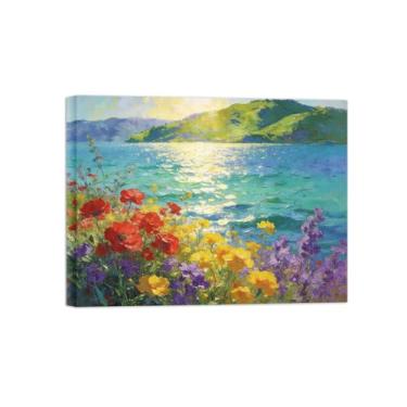 Imagem de Impressão em tela de paisagem de arte de parede - flores coloridas - pintura de decoração de lago - imagens para sala de estar pronta para pendurar tela emoldurada 50 x 65 cm 20 x 26 pol