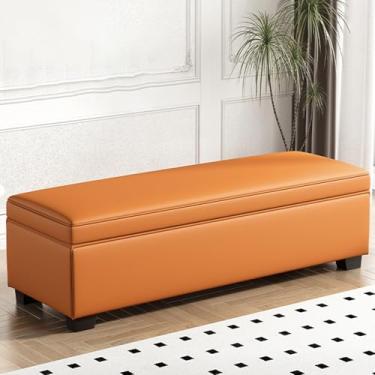 Imagem de Modern Entryway Wood Storage Bench, Wrapped in PU Leather, with Sturdy Legs, Hidden Storage, High-resilience Foam Padding, Suitable for Bedrooms(Orange,120 * 40 * 40cm/47 * 16 * 16in)
