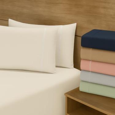 Imagem de Jogo de Lençol - Jogo de Cama - Micropercal Ponto Palito 2 e 3 Peças - 200 Fios - Toque Macio (Palha, Queen)