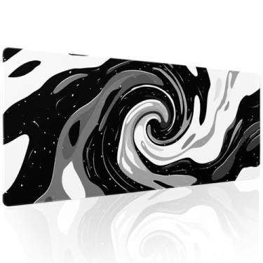 Imagem de Tapete de mouse para jogos preto cinza branco GG tinta abstrata redemoinho ondas estendido tapete grande mousepad tapete de mesa antiderrapante base de borracha borda costurada teclado longo para