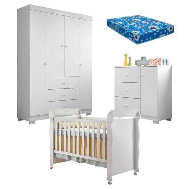 Imagem de Quarto de Bebê Duda 4 Porta e Berço Americano Mirelle Branco Brilho com Colchão Ortobom – Phoenix Baby